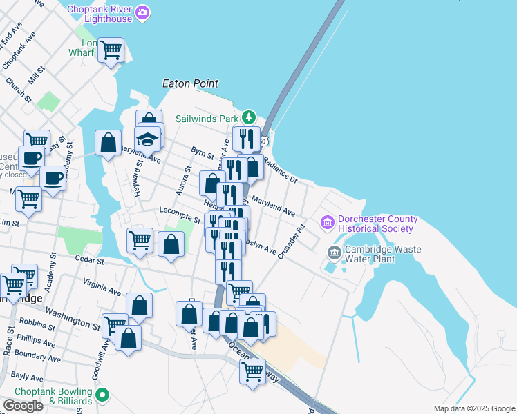 map of restaurants, bars, coffee shops, grocery stores, and more near 603 Maryland Avenue in Cambridge