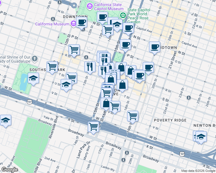 map of restaurants, bars, coffee shops, grocery stores, and more near 1917 15th Street in Sacramento