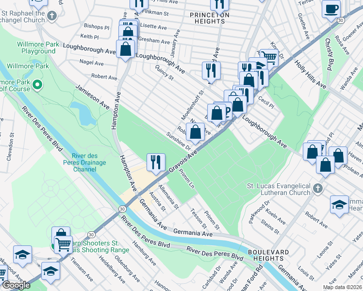 map of restaurants, bars, coffee shops, grocery stores, and more near 4952 Sunshine Drive in St. Louis