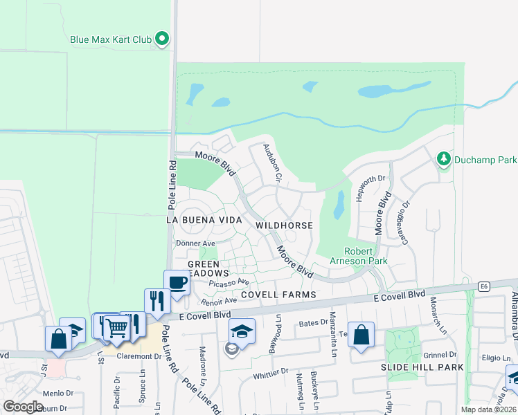 map of restaurants, bars, coffee shops, grocery stores, and more near 2020 Klee Place in Davis