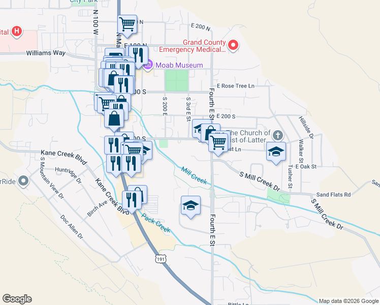 map of restaurants, bars, coffee shops, grocery stores, and more near 318 Pueblo Court in Moab
