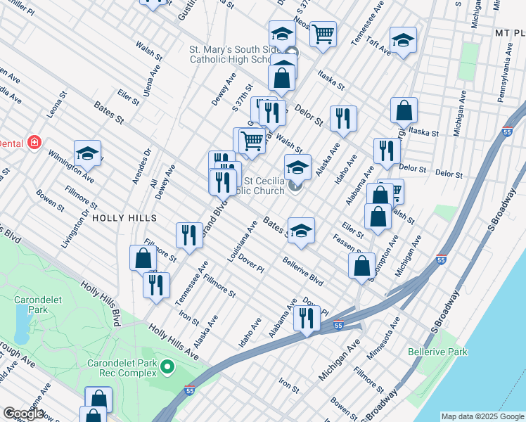 map of restaurants, bars, coffee shops, grocery stores, and more near 5529 Louisiana Avenue in St. Louis