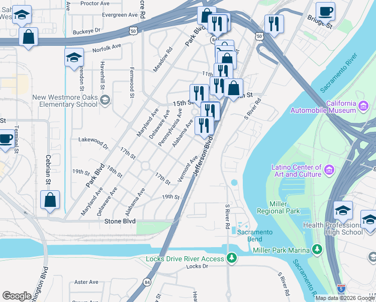 map of restaurants, bars, coffee shops, grocery stores, and more near 1558 Virginia Avenue in West Sacramento