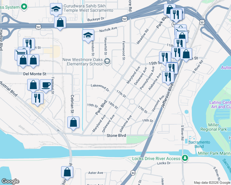 map of restaurants, bars, coffee shops, grocery stores, and more near 1701 Park Boulevard in West Sacramento