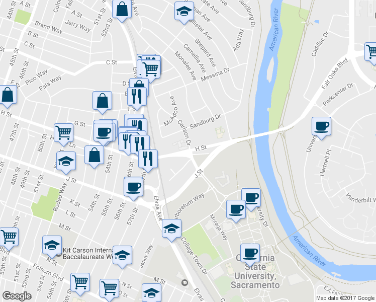 map of restaurants, bars, coffee shops, grocery stores, and more near H St & Carlson Dr in Sacramento