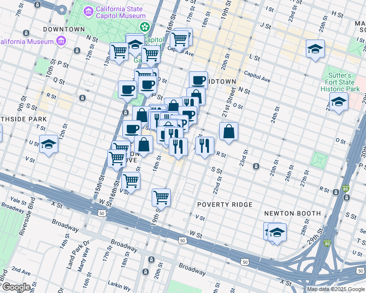 map of restaurants, bars, coffee shops, grocery stores, and more near 1809 19th Street in Sacramento