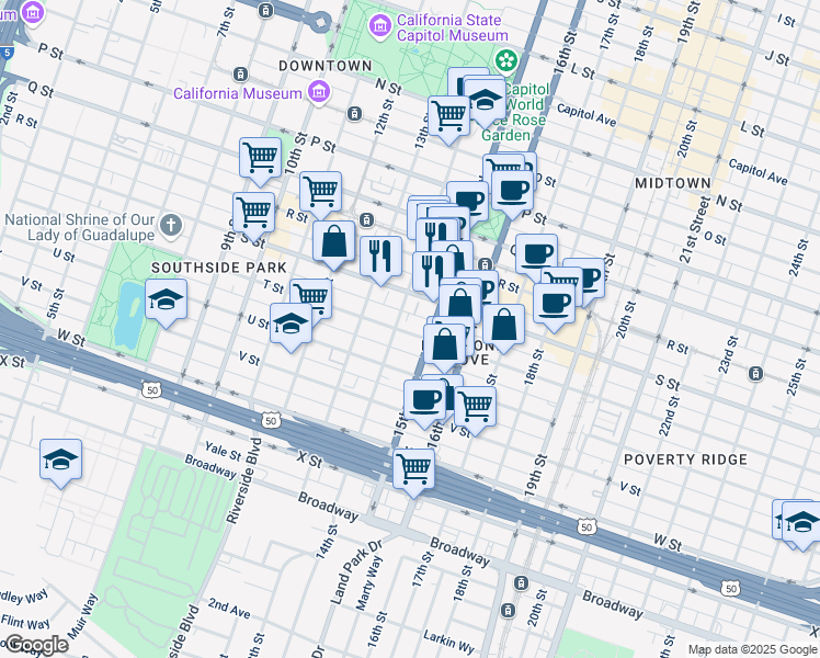 map of restaurants, bars, coffee shops, grocery stores, and more near 1409 T Street in Sacramento