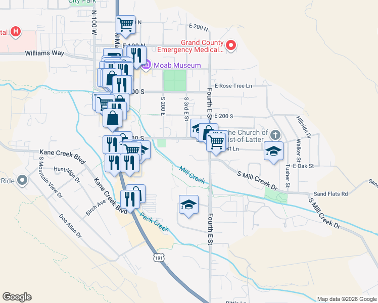map of restaurants, bars, coffee shops, grocery stores, and more near 318 Pueblo Court in Moab