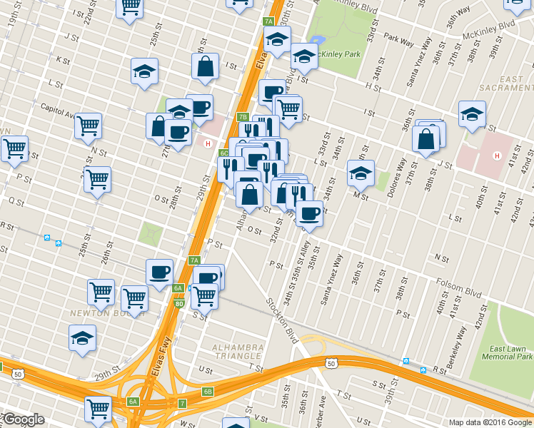 map of restaurants, bars, coffee shops, grocery stores, and more near 3160 Folsom Boulevard in Sacramento
