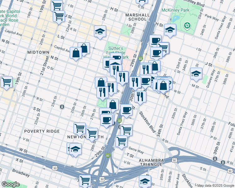 map of restaurants, bars, coffee shops, grocery stores, and more near 1501 28th Street in Sacramento