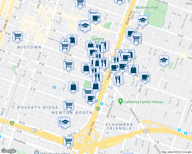map of restaurants, bars, coffee shops, grocery stores, and more near 1501 28th Street in Sacramento