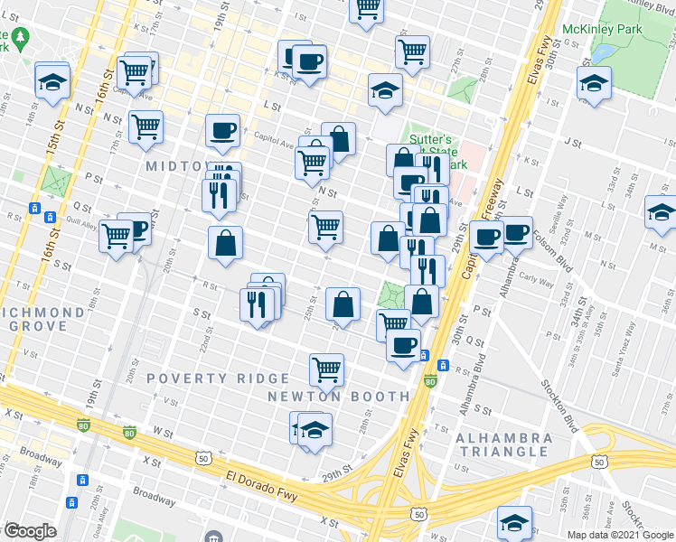 map of restaurants, bars, coffee shops, grocery stores, and more near 2500 P Street in Sacramento