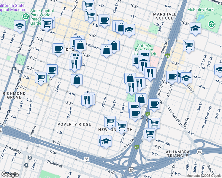map of restaurants, bars, coffee shops, grocery stores, and more near 2500 P Street in Sacramento