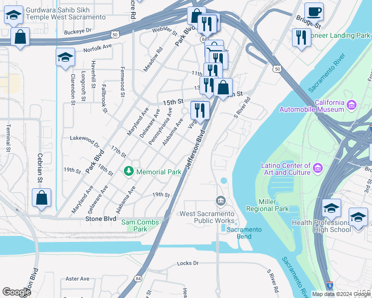 map of restaurants, bars, coffee shops, grocery stores, and more near 1540 Jefferson Boulevard in West Sacramento