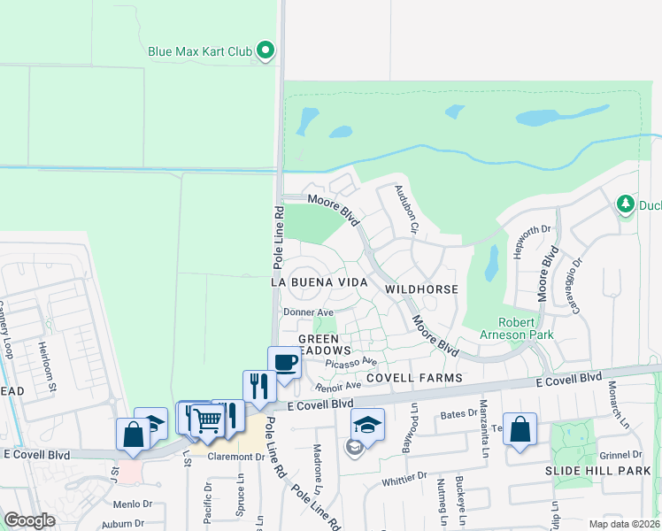 map of restaurants, bars, coffee shops, grocery stores, and more near 2806 Bidwell Street in Davis