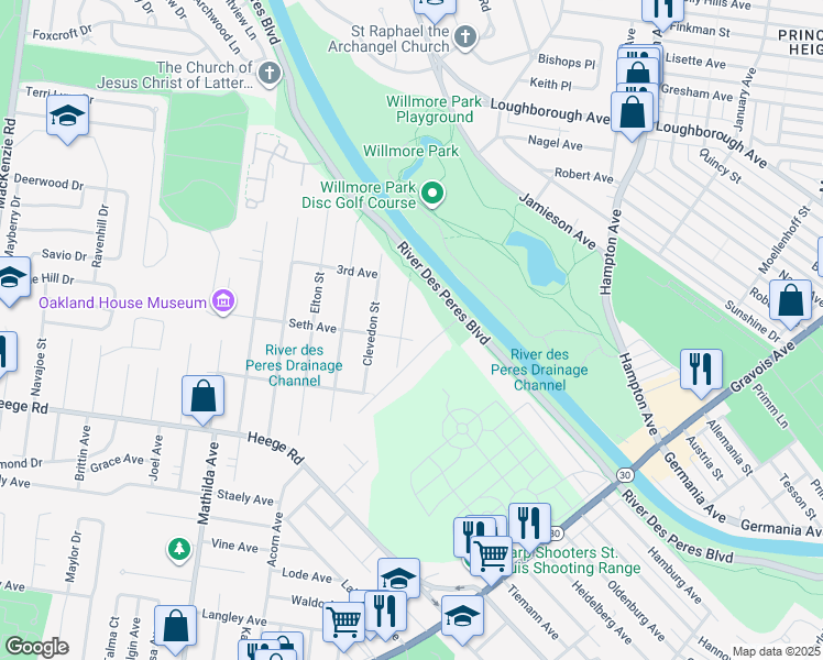map of restaurants, bars, coffee shops, grocery stores, and more near 7739 Benmore Street in St. Louis