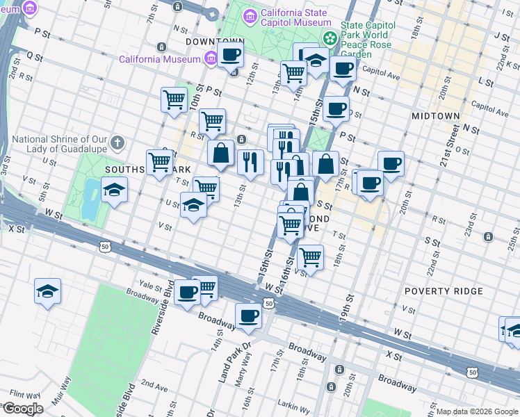 map of restaurants, bars, coffee shops, grocery stores, and more near 14th St & T St in Sacramento