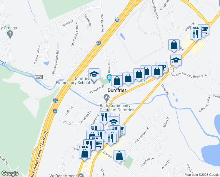 map of restaurants, bars, coffee shops, grocery stores, and more near 3904 Fairfax Street in Dumfries
