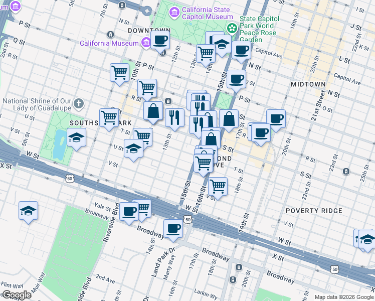 map of restaurants, bars, coffee shops, grocery stores, and more near 1411 T Street in Sacramento