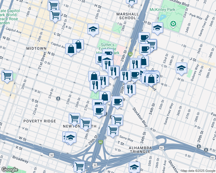 map of restaurants, bars, coffee shops, grocery stores, and more near 1501 28th Street in Sacramento