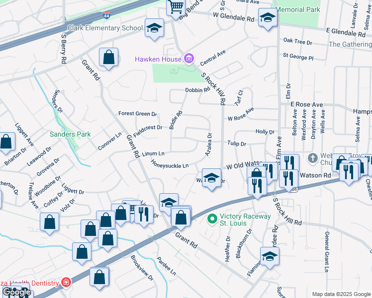 map of restaurants, bars, coffee shops, grocery stores, and more near 335 Linum Lane in Webster Groves