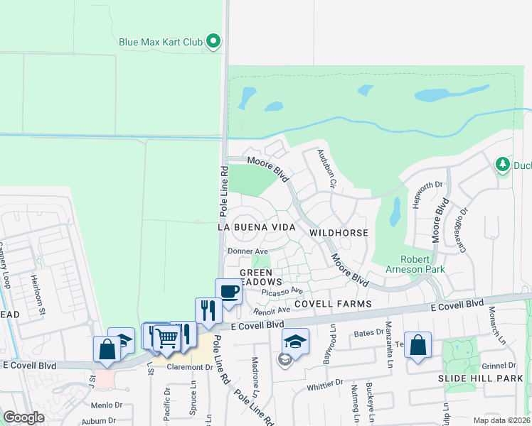 map of restaurants, bars, coffee shops, grocery stores, and more near 2806 Bidwell Street in Davis