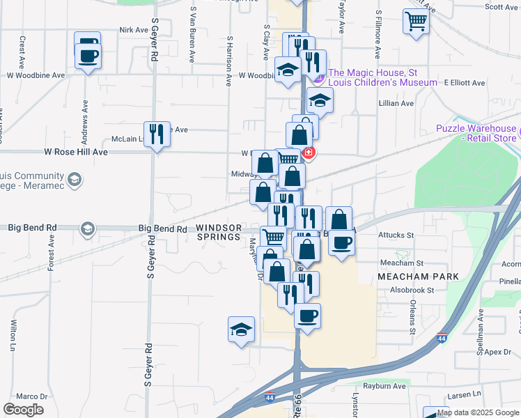map of restaurants, bars, coffee shops, grocery stores, and more near 207 Prospect Avenue in Kirkwood