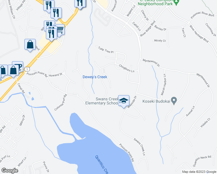 map of restaurants, bars, coffee shops, grocery stores, and more near 17676 Hampstead Ridge Court in Dumfries