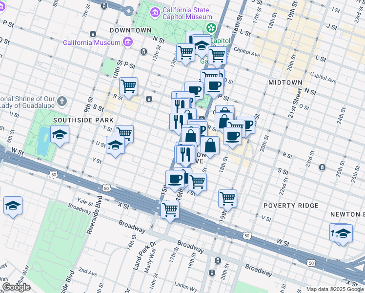 map of restaurants, bars, coffee shops, grocery stores, and more near 1917 15th Street in Sacramento