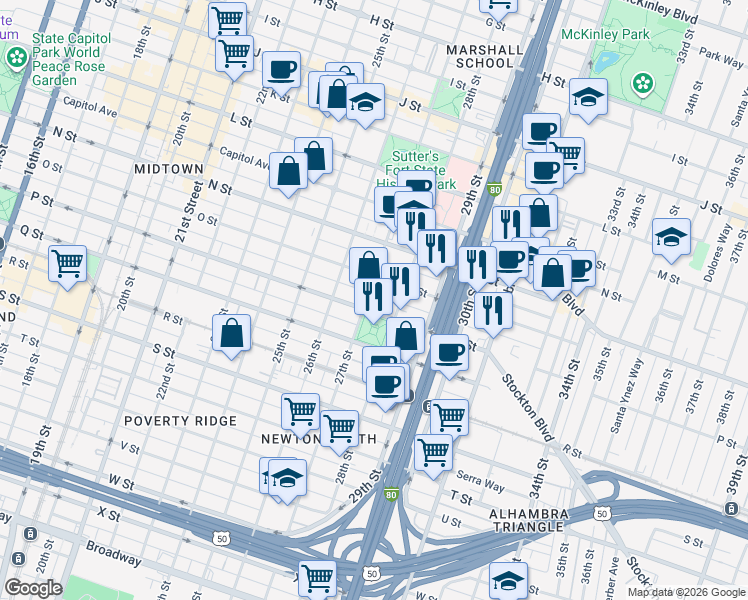 map of restaurants, bars, coffee shops, grocery stores, and more near 1525 27th Street in Sacramento