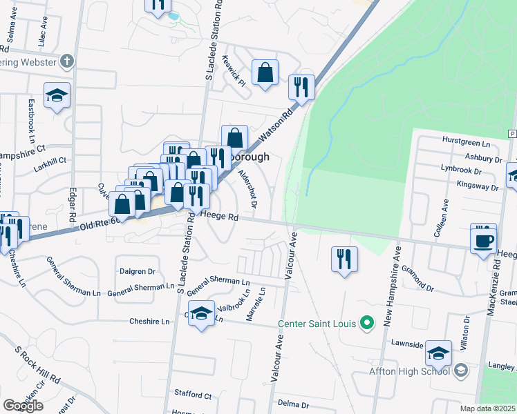 map of restaurants, bars, coffee shops, grocery stores, and more near 7960 Aldershot Drive in St. Louis