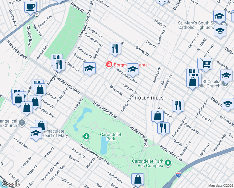 map of restaurants, bars, coffee shops, grocery stores, and more near 3954 Bowen Street in St. Louis
