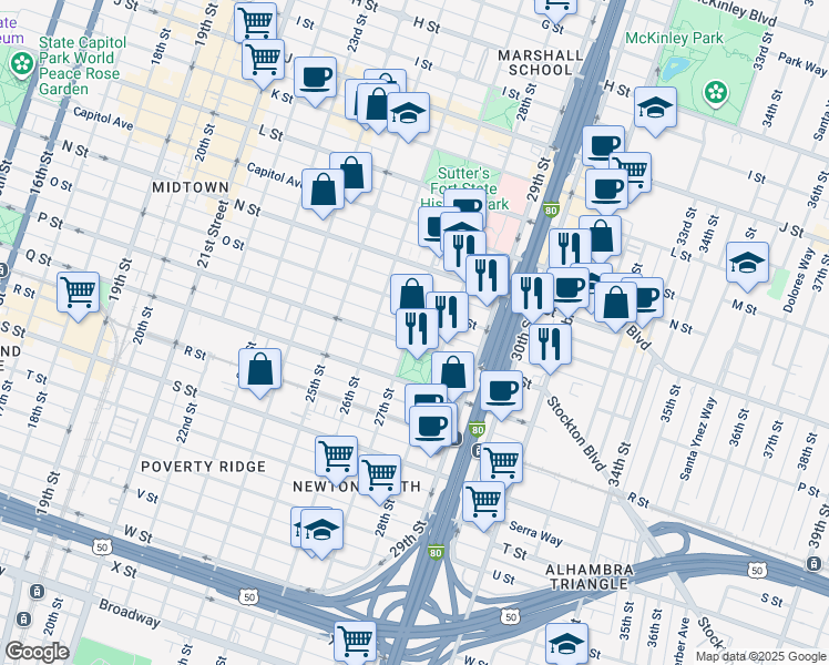 map of restaurants, bars, coffee shops, grocery stores, and more near 1517 27th Street in Sacramento