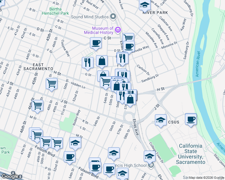 map of restaurants, bars, coffee shops, grocery stores, and more near 5421 H Street in Sacramento