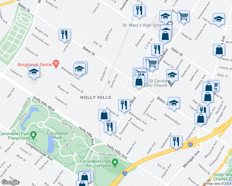 map of restaurants, bars, coffee shops, grocery stores, and more near 3671 Dover Place in St. Louis