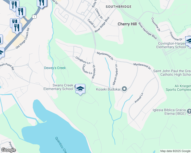 map of restaurants, bars, coffee shops, grocery stores, and more near 17567 Wayside Drive in Dumfries
