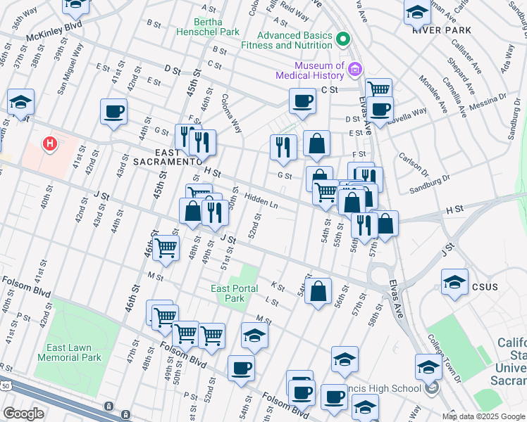 map of restaurants, bars, coffee shops, grocery stores, and more near 831 52nd Street in Sacramento