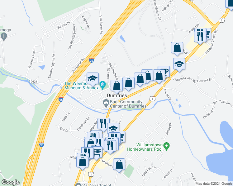 map of restaurants, bars, coffee shops, grocery stores, and more near 3866 Fairfax Street in Dumfries