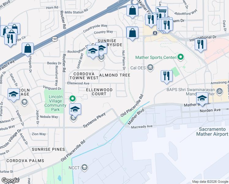 map of restaurants, bars, coffee shops, grocery stores, and more near 3613 Maddiewood Circle in Sacramento