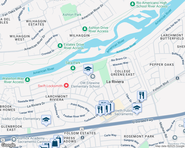 map of restaurants, bars, coffee shops, grocery stores, and more near 2440 Stansberry Way in Sacramento
