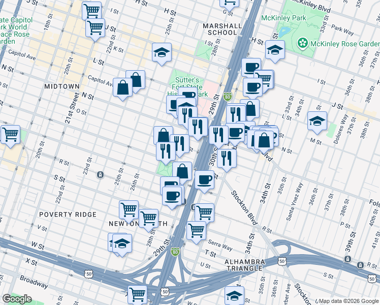 map of restaurants, bars, coffee shops, grocery stores, and more near 1501 28th Street in Sacramento