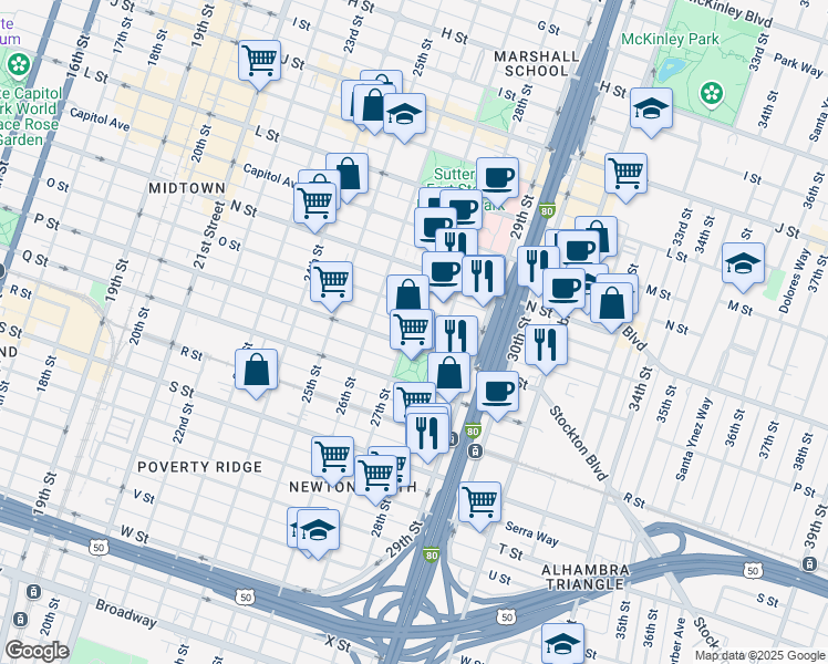 map of restaurants, bars, coffee shops, grocery stores, and more near 1517 27th Street in Sacramento