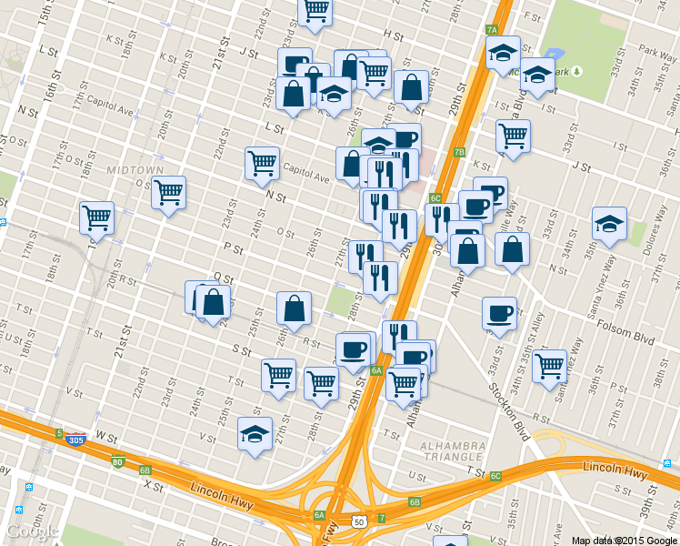 map of restaurants, bars, coffee shops, grocery stores, and more near 1517 27th Street in Sacramento