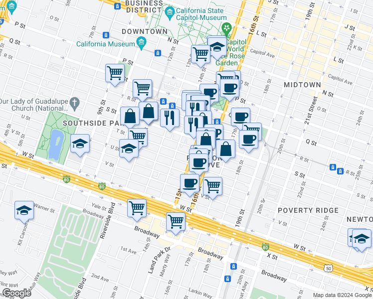 map of restaurants, bars, coffee shops, grocery stores, and more near 1401 T Street in Sacramento