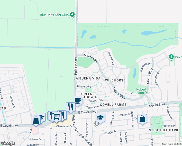 map of restaurants, bars, coffee shops, grocery stores, and more near 2806 Bidwell Street in Davis