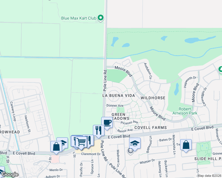 map of restaurants, bars, coffee shops, grocery stores, and more near 2849 Bidwell Street in Davis
