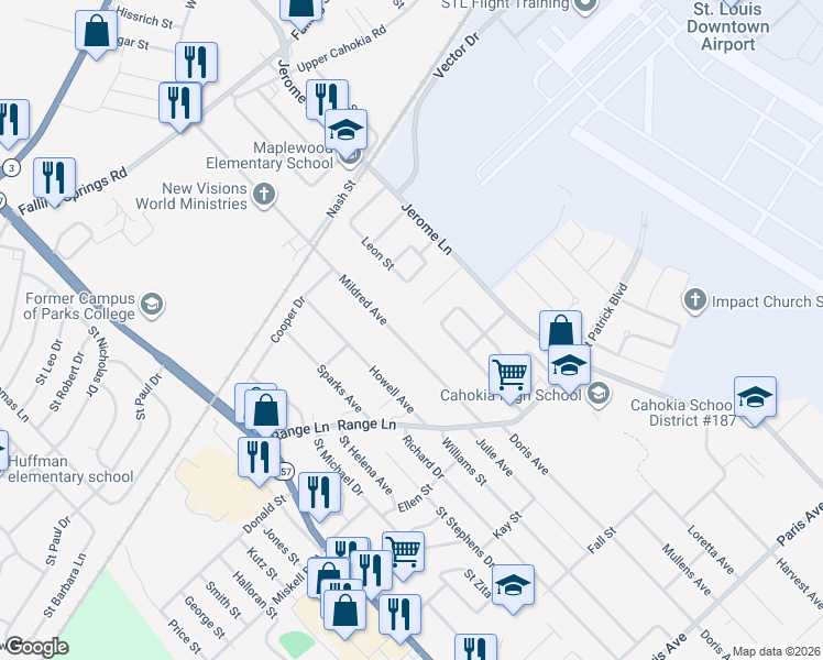 map of restaurants, bars, coffee shops, grocery stores, and more near 815 Mildred Avenue in Cahokia