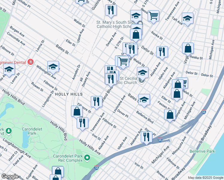 map of restaurants, bars, coffee shops, grocery stores, and more near in St. Louis