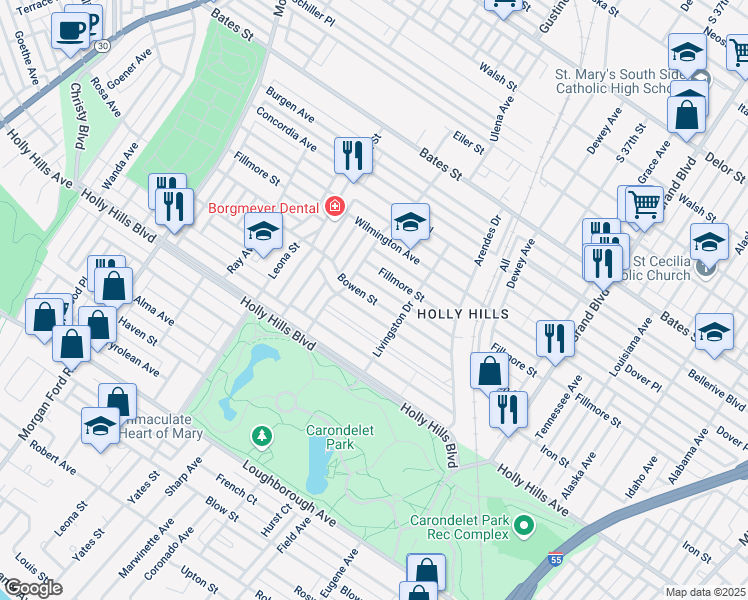 map of restaurants, bars, coffee shops, grocery stores, and more near 3921 Bowen Street in St. Louis
