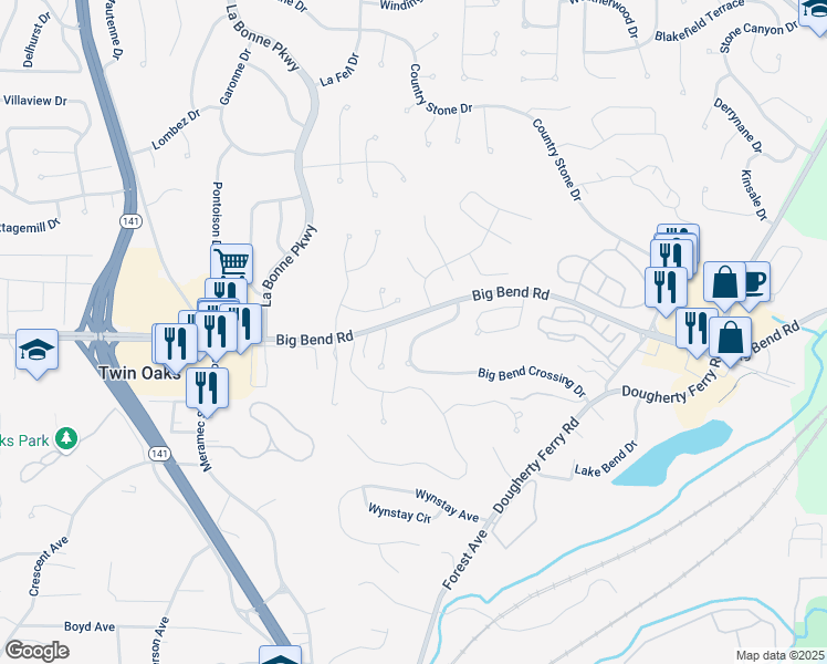 map of restaurants, bars, coffee shops, grocery stores, and more near 1033 Big Bend Crossing Drive in Valley Park